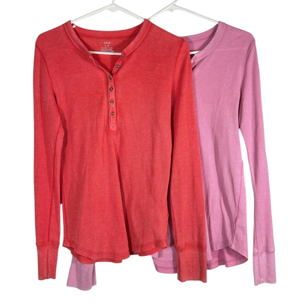 Aerie Henley Long Sleeve Waffle Knit Thermal Top Lot of 2 Pink Coral Red Medium